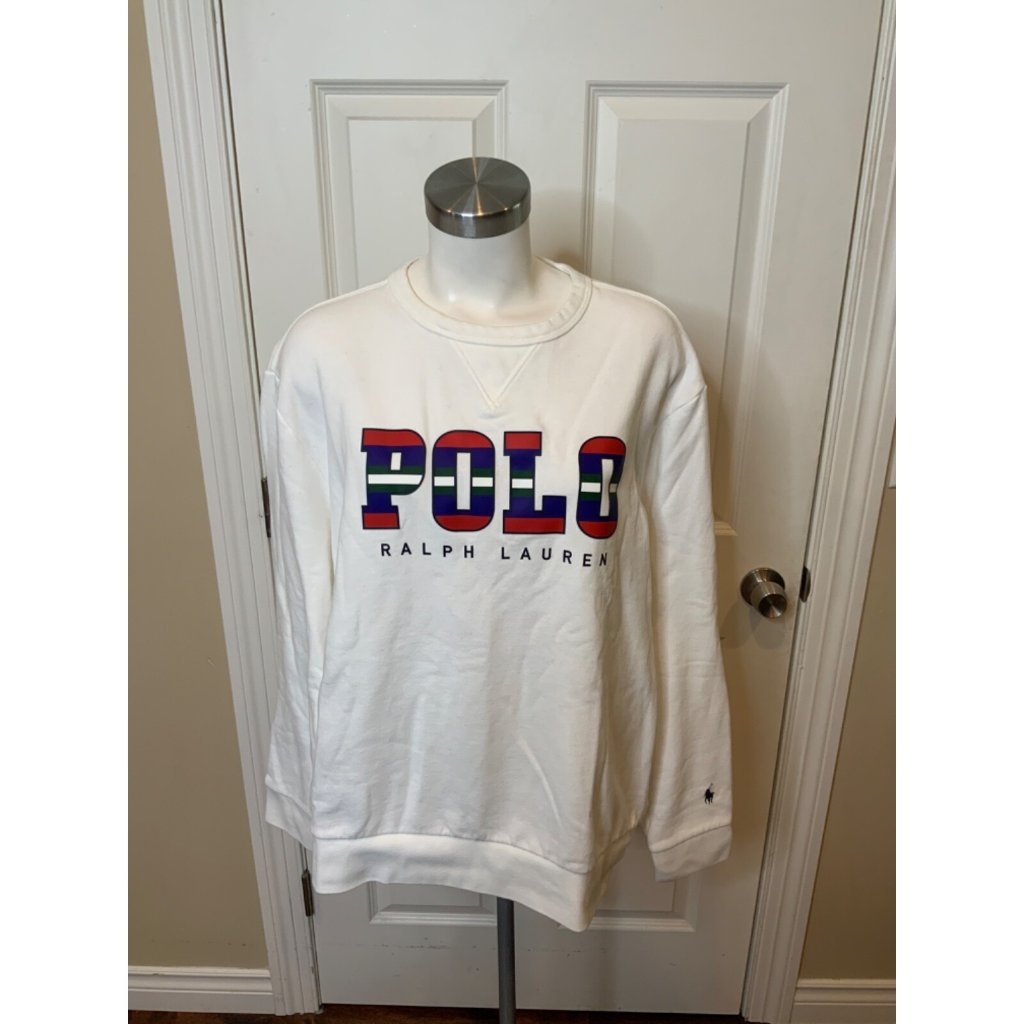 Polo Ralph Lauren White Multicolor Polo Logo Crew Neck Sweatshirt, Size Xl